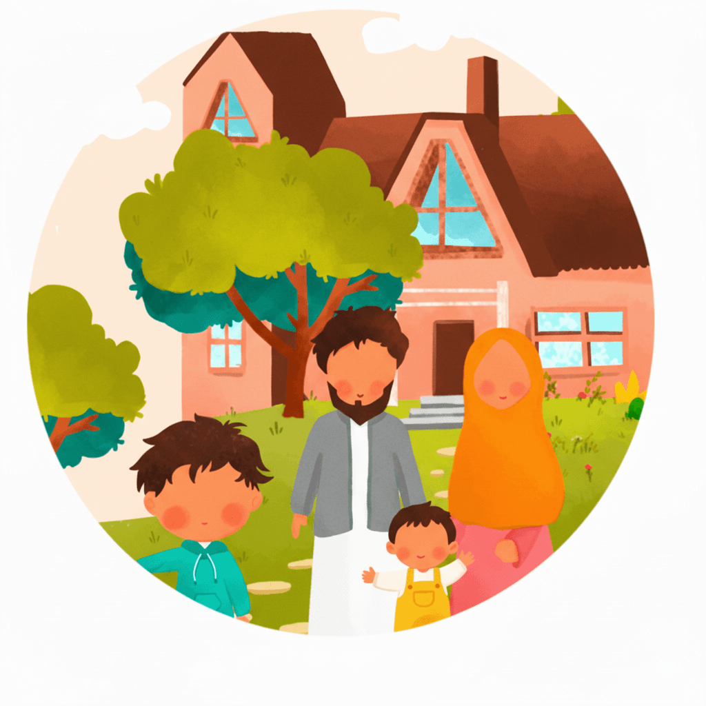 Illustration of a family of four outside their home
